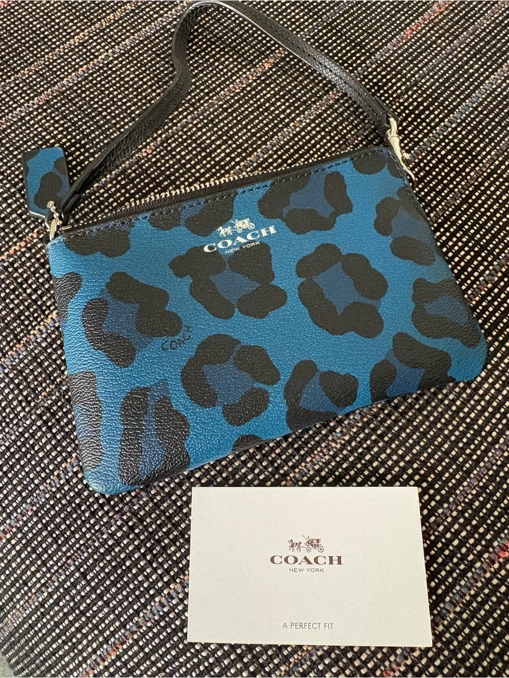 COACH Blue Leopard Print Wristlet Pouch